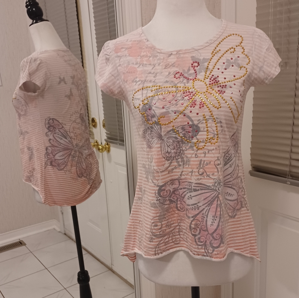 4/$40 Pink Striped Bejeweled Butterfly Tee - Size Medium